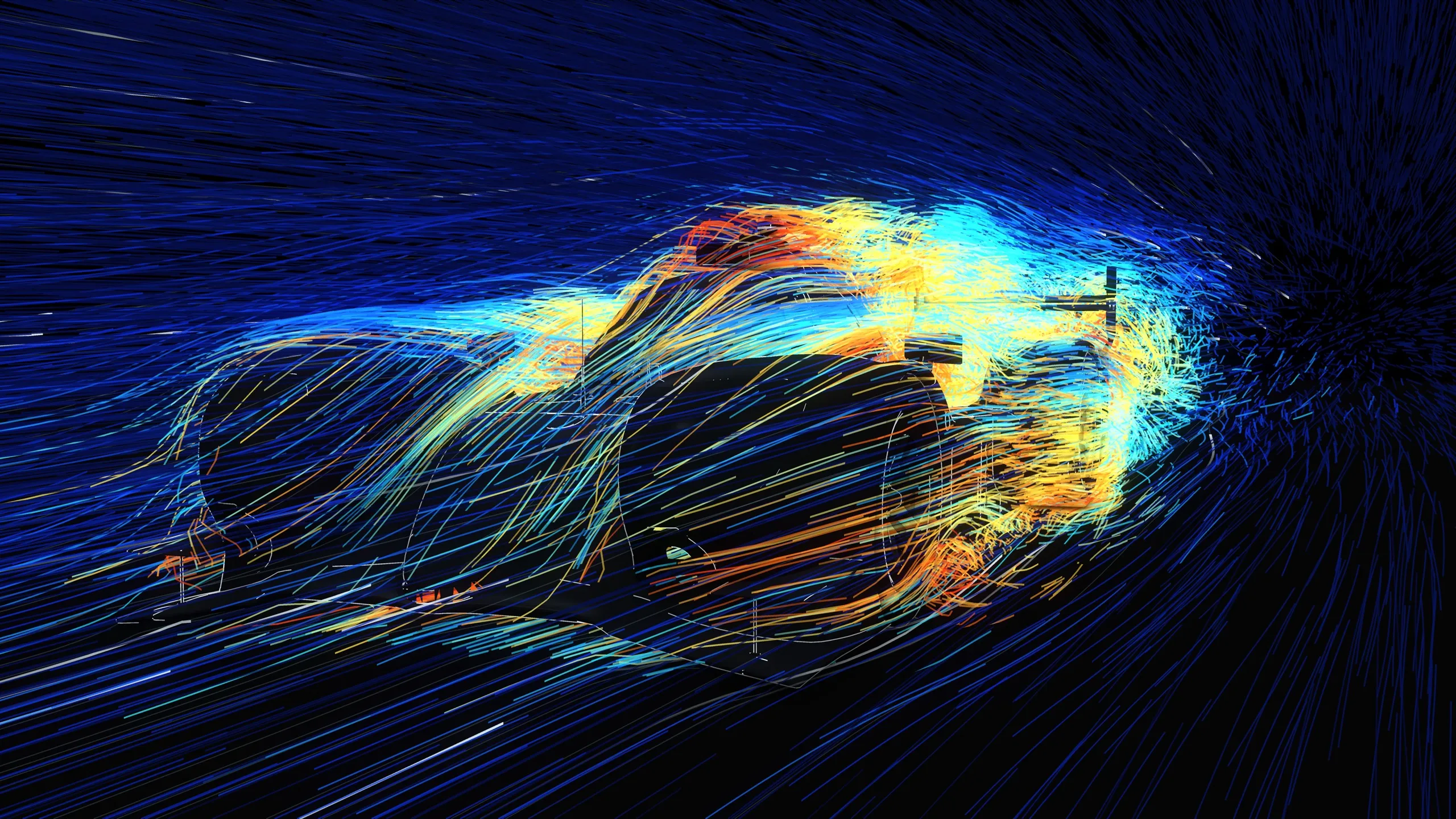 Streamlines exploding off a Le Mans hypercar, coloured by velocity
